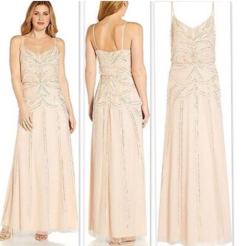Adriana Papell NWT SZ 16 Flaxon‎ beaded metallic blouson long maxi dress